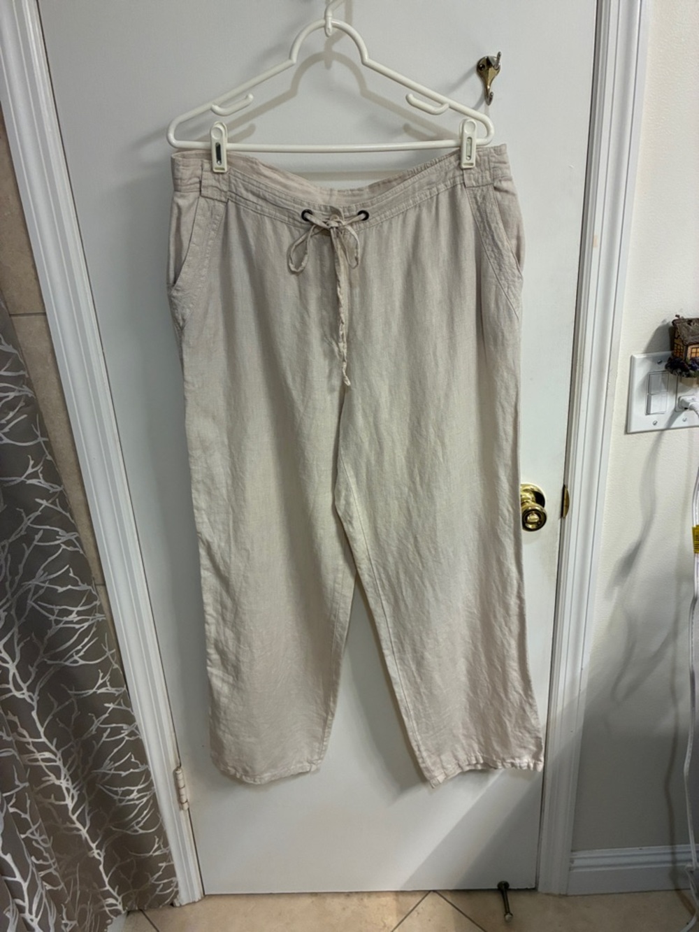 JM Collection Wide-Leg Drawstring Linen Pants - Cream-Sz 14
